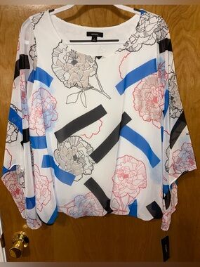 Alfani multicolored floral/geometric print chiffon blouse Size 1X bubble waist
